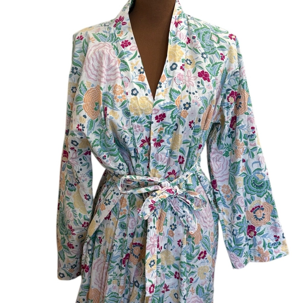 Vintage Floral Cotton Belted Full Length Lightweight Robe Size OS - Picture 2 of 10